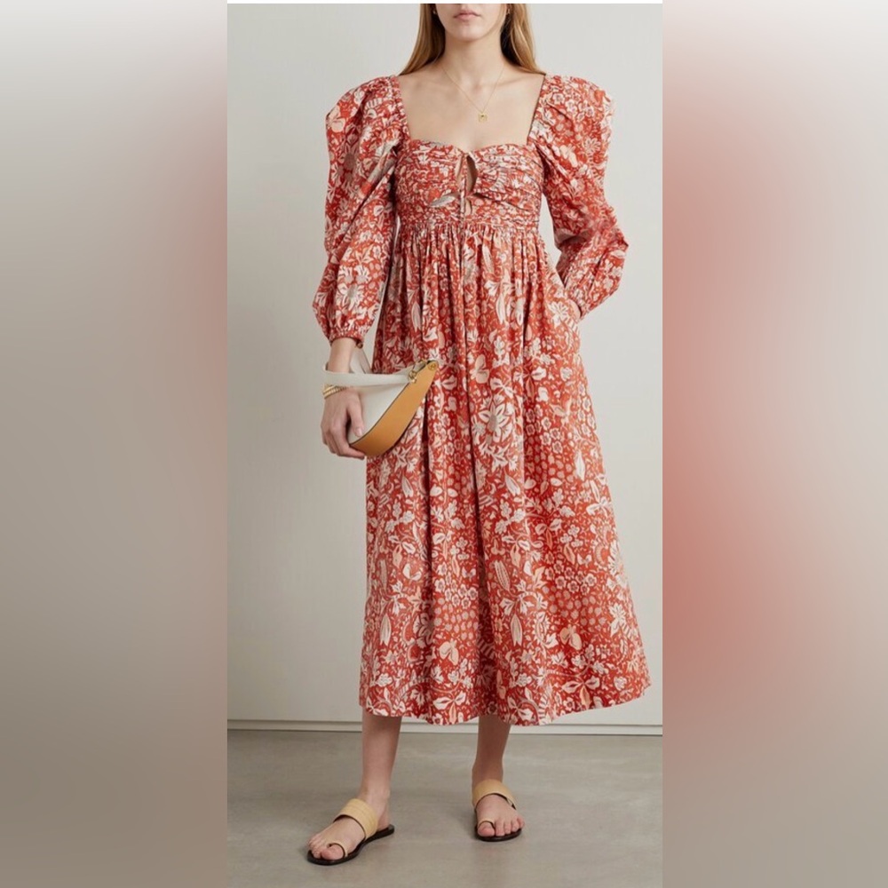 Rust Floral Print Puff-Sleeve Midi Dress